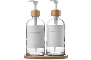 Maisonovo Glass Soap Dispenser Bathroom Set | Hand Soap and Dish Soap Dispenser Set | 16.9oz Clear Bottles with White Bamboo Pump | Bathroom Lotion Dispenser with Pump Set of 2