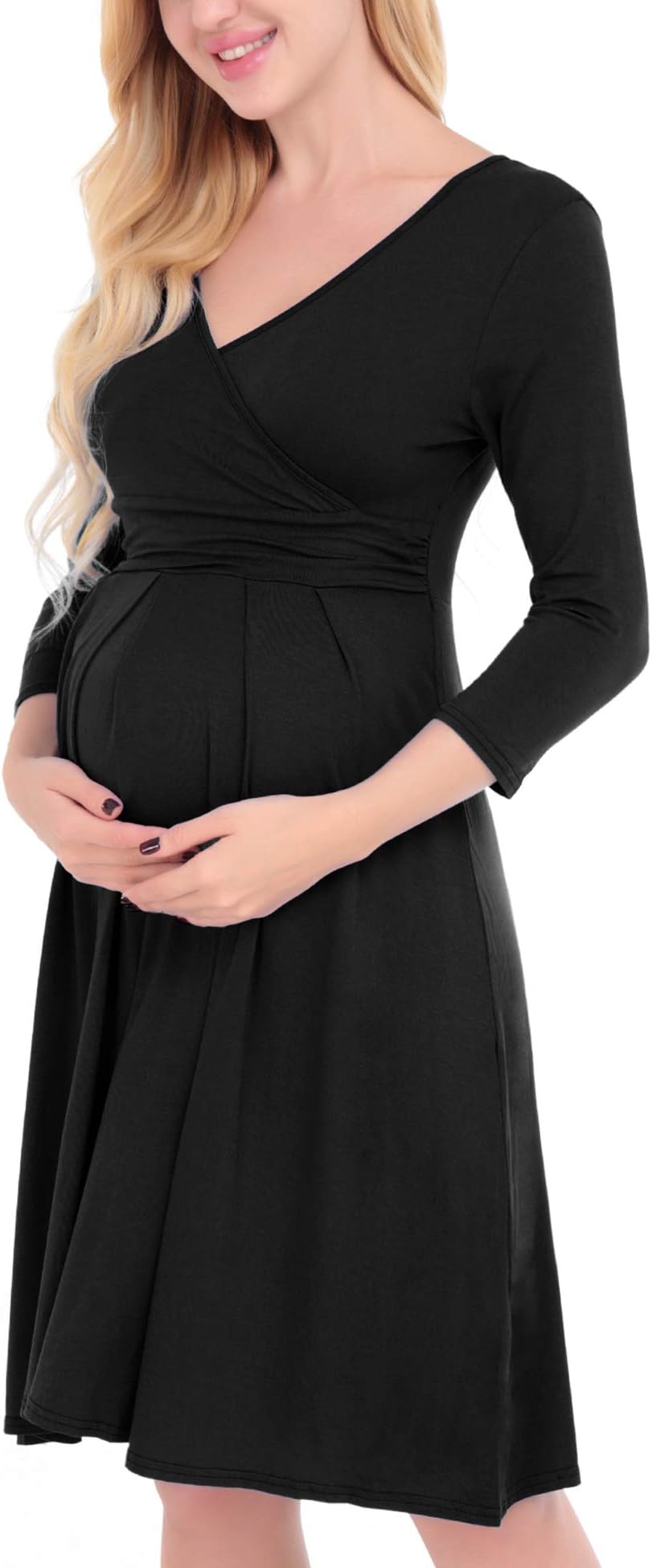 FISOUL Women's Maternity Dress Wrap V-Neck Ruched Waist Cocktail Skater Baby Shower Dress