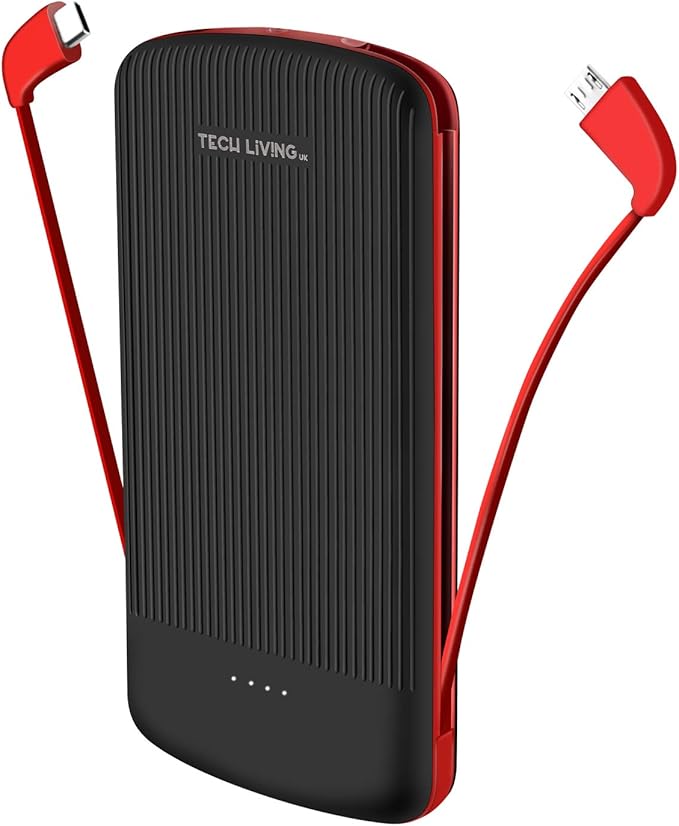 tech LIVING Power Bank, Built in Cable Power Bank, 10000 mAh Portable