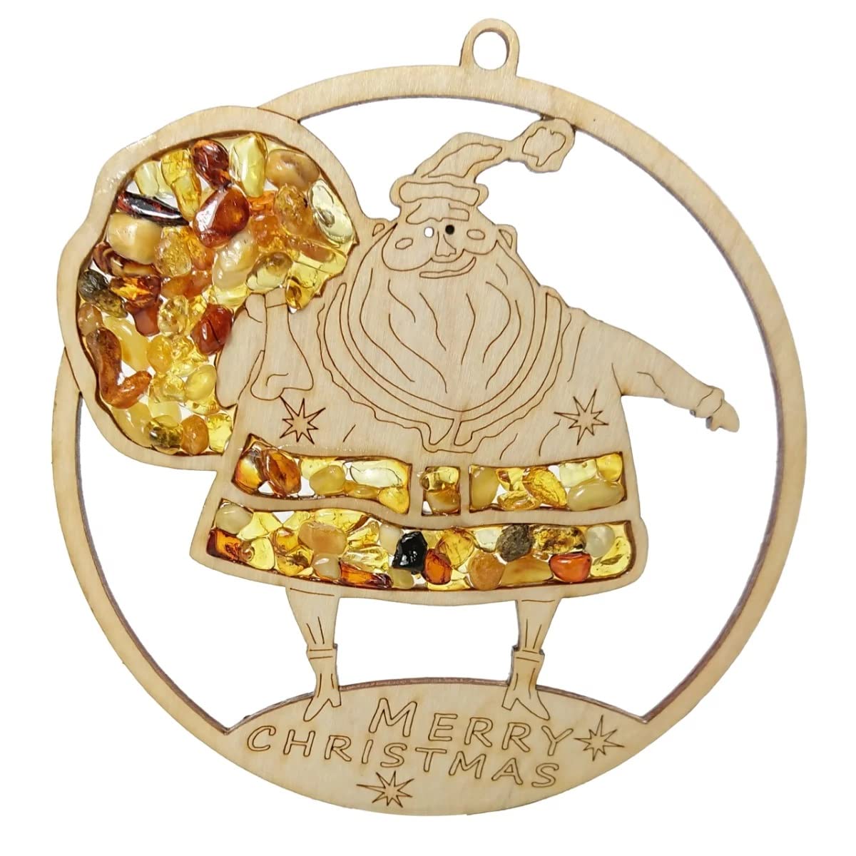 Window Picture Suncatcher Amber in Birch Wood "Santa Claus" Diameter 11 cm Includes Gift Box