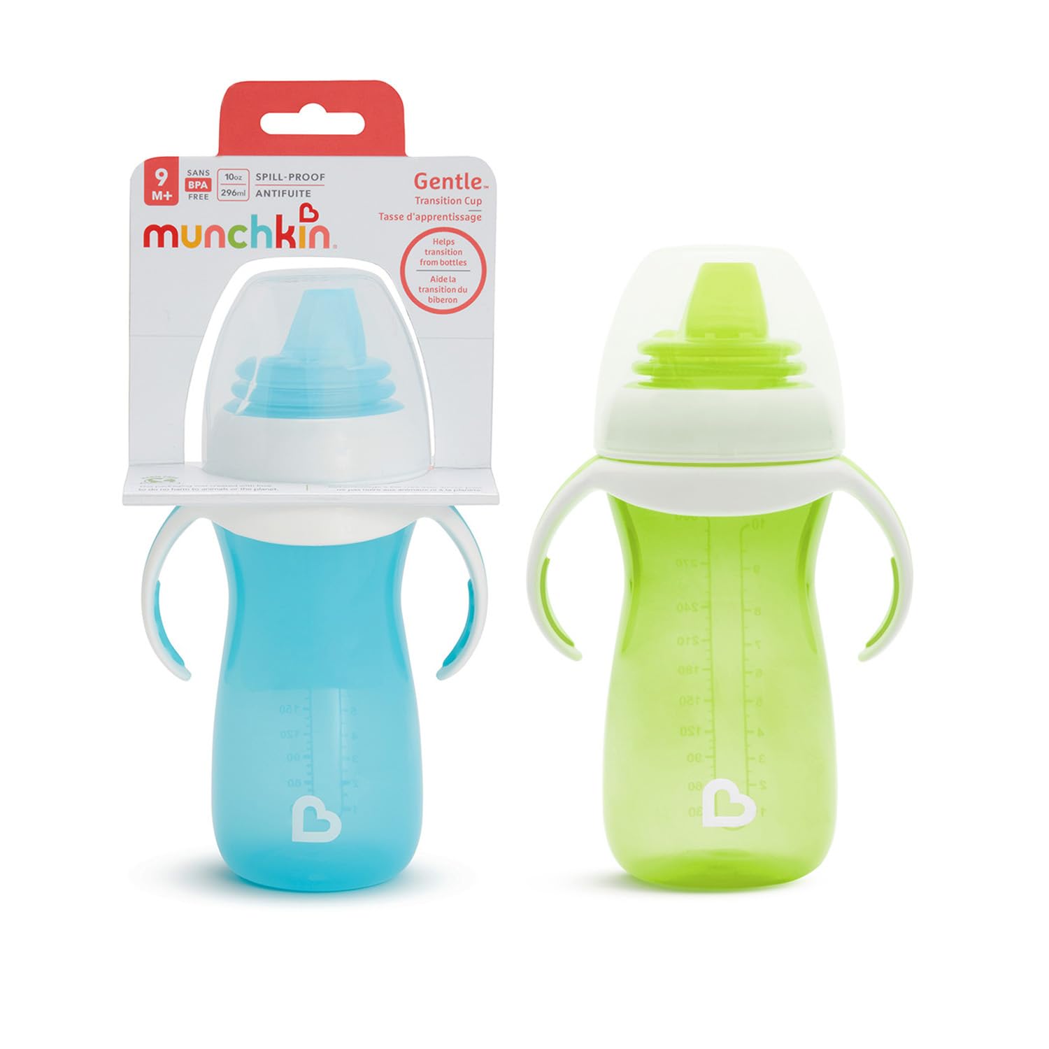 Munchkin Gentle Transition Baby Bottles | Babies and Toddler Bottle with Handles and Lids| Kids Water Bottle with Spout |Non Spill | Baby Led Weaning | for 9+ Months| 2 pack | 10oz/296ml | Green/Blue