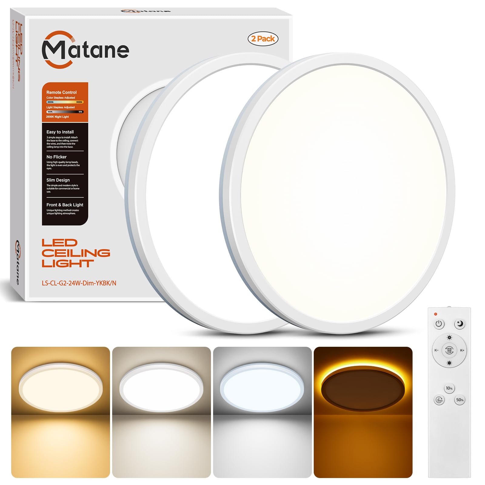 Matane 2Pack 12in LED Flush Mount Ceiling Light Fixture with Remote Control, Nightlight 2000K Warm, 3000K-6500K Adjustable, Low Profile Ceiling Lights for Bedroom, Kitchen, Living Room, White Image