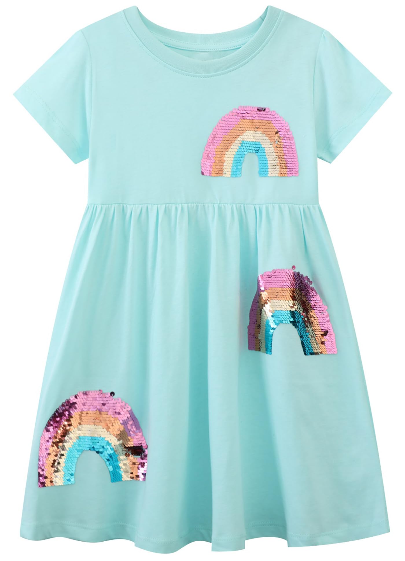 Photo 1 of ** USED**Hongshilian Toddler Girl Cotton Casual Dress Cartoon Appliques Short Sleeve Tunic Jersey Clothing(6T,Rainbow & Sequin)