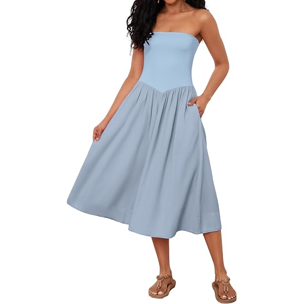 Livtany Women Off Shoulder Midi Dress Strapless Sleeveless Drop-Waist A  Line Tube Dress Trendy Summer Swing Patchwork Dress Beige at Amazon Women's  Clothing store