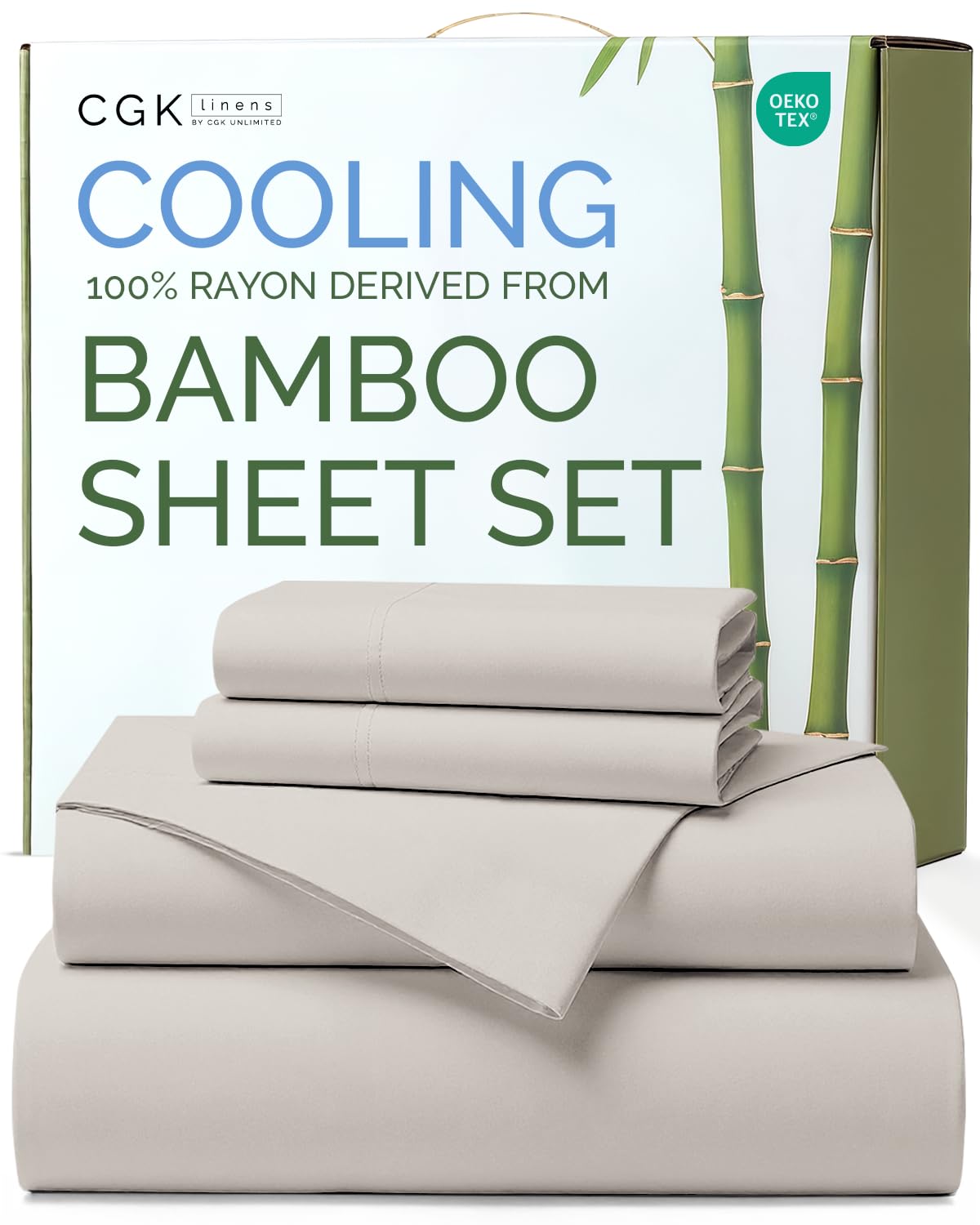 Photo 1 of 100% Rayon Derived From Bamboo - Bamboo Sheets Queen Size - Cooling Sheets for Queen - Soft, Breathable & Hotel Luxury Bedding - 1 Flat & 1 Fitted & 2 Pillowcases w/ 16 Inch Deep Pockets - Light Grey