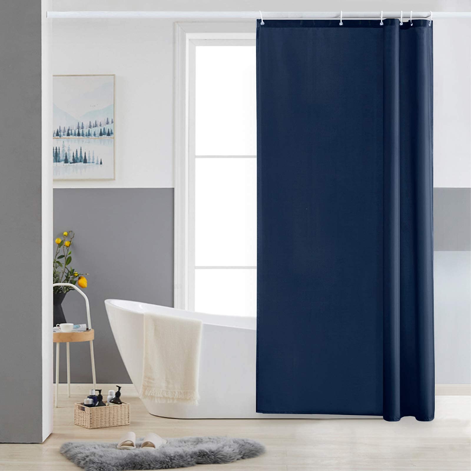 Furlinic Navy Shower Curtain Anti Mould Resistant Waterproof Bathroom Curtains Washable Polyester Fabric 90x180cm with Weight Tape for Bath Wet Room 35x72 Inch.