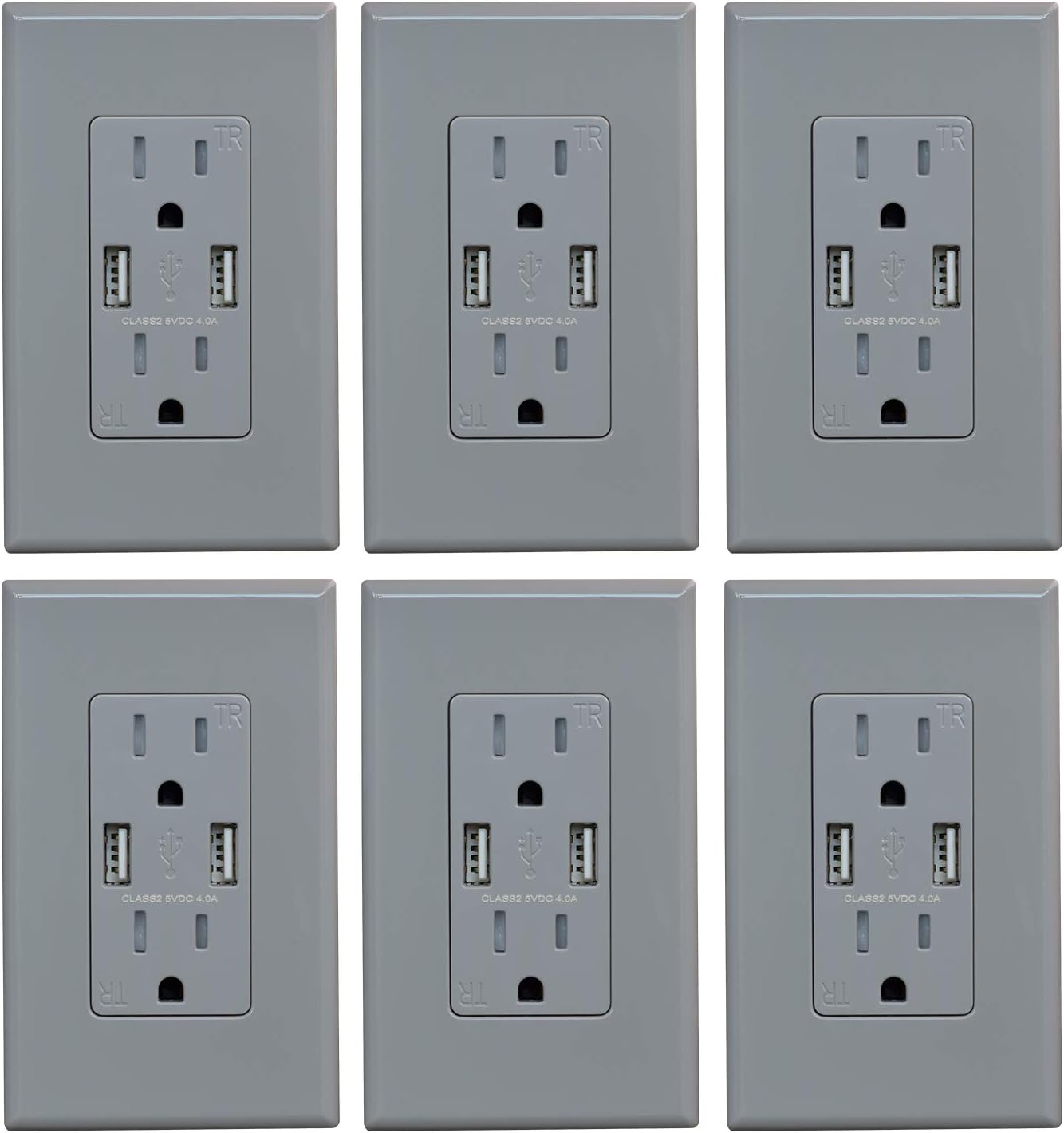(6 Pack, Glossy Gray) ELEGRP USB Outlet Wall Charger, Dual High Speed 4.0 Amp USB Ports with Smart Chip, 15 Amp Duplex Tamper Resistant Receptacle Plug NEMA 5-15R, Wall Plate Included, UL Listed - - 
