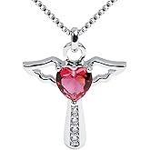 Ckysee Silver Plated Angel Birthstone Necklace,Cubic Zirconia Cross Necklace for Women,First Communion Baptism Gifts