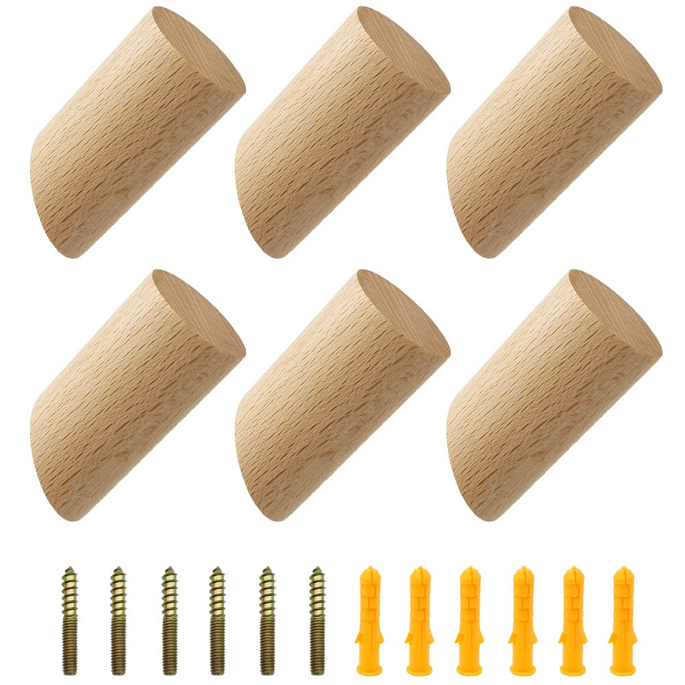 YDHfdc Wood Wall Hooks 6 Pieces Wooden Cylinder Hooks 3x6cm Decorative Hooks Single Organizer Accessories with Screws for Household Accessories, Scarves, Clothes, Hats