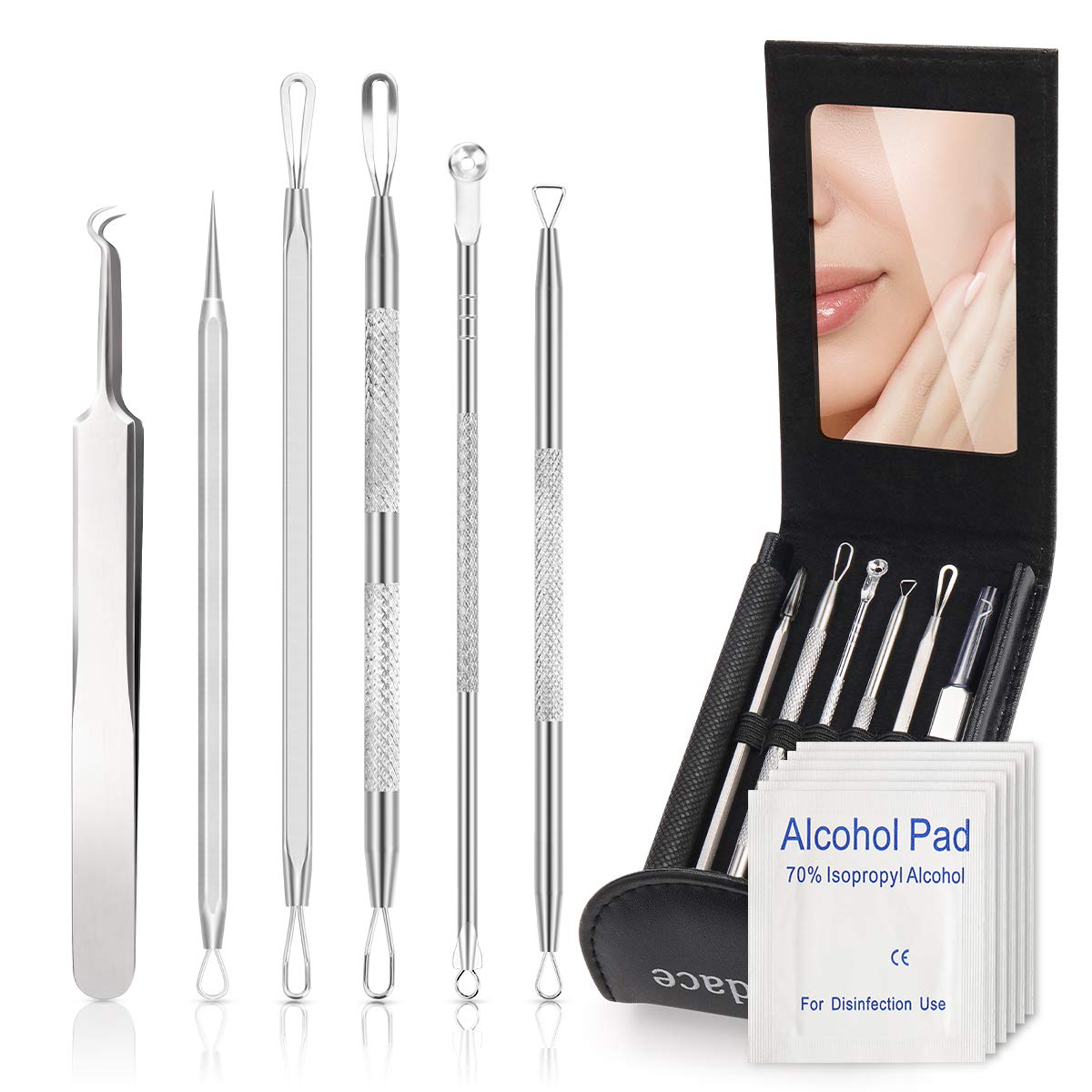 Blackhead Remover Comedone Extractor,Bedace Pimple Popper Tool Kit,6 PCS Stainless Tweezers Kit With A Leather Bag And 6 pcs Disinfectant Cotton.