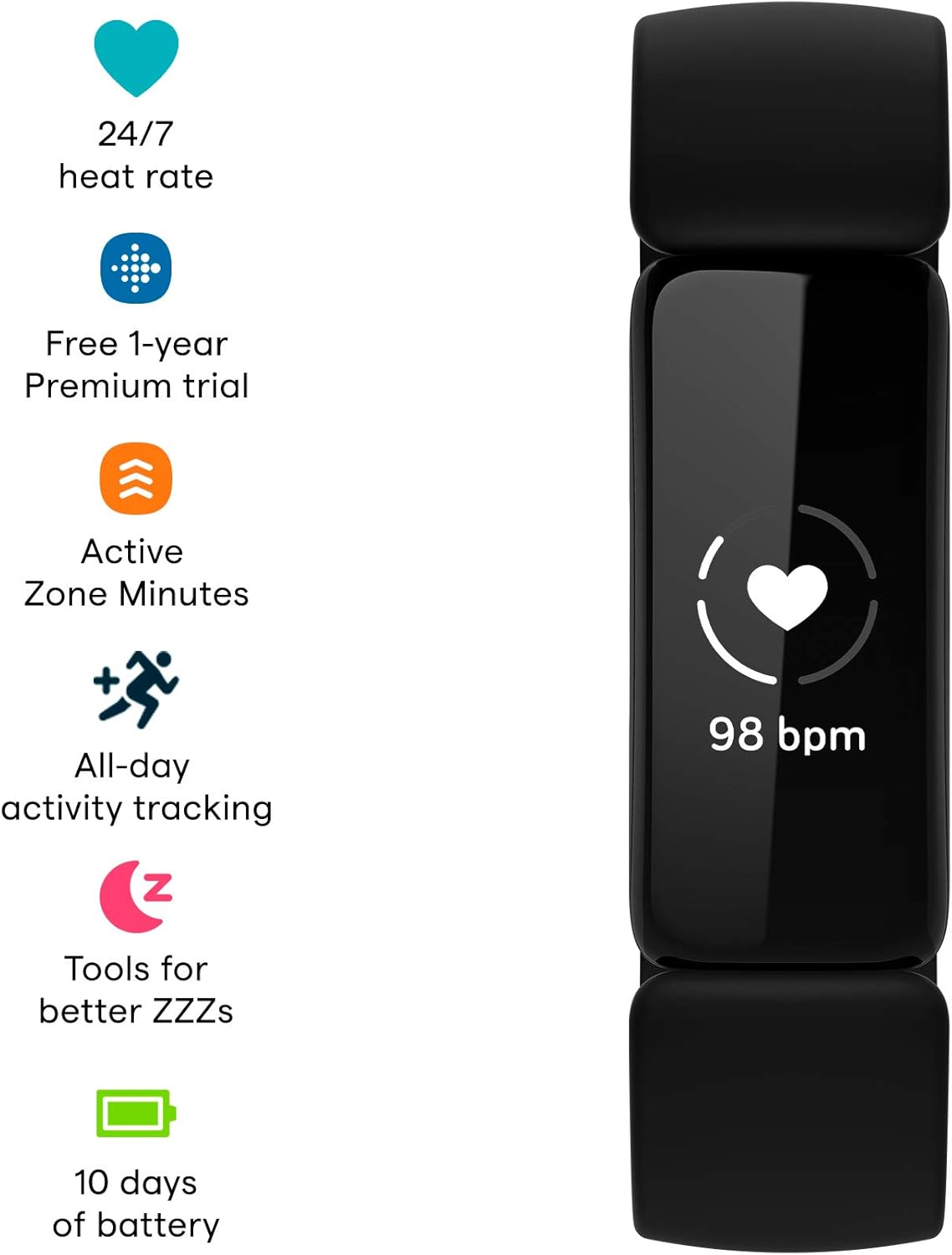 Fitbit Inspire 2 Health & Fitness Tracker with a Free 1-Year Fitbit Premium Trial, 24/7 Heart Rate, Black/Black, One Size (S & L Bands Included): Health & Personal Care