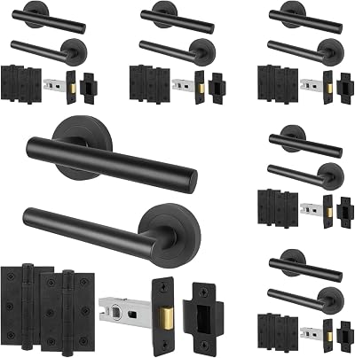 EAI Oliena Black Door Handles Latch Set 6 Pairs 64mm Hinges 54mm Rose