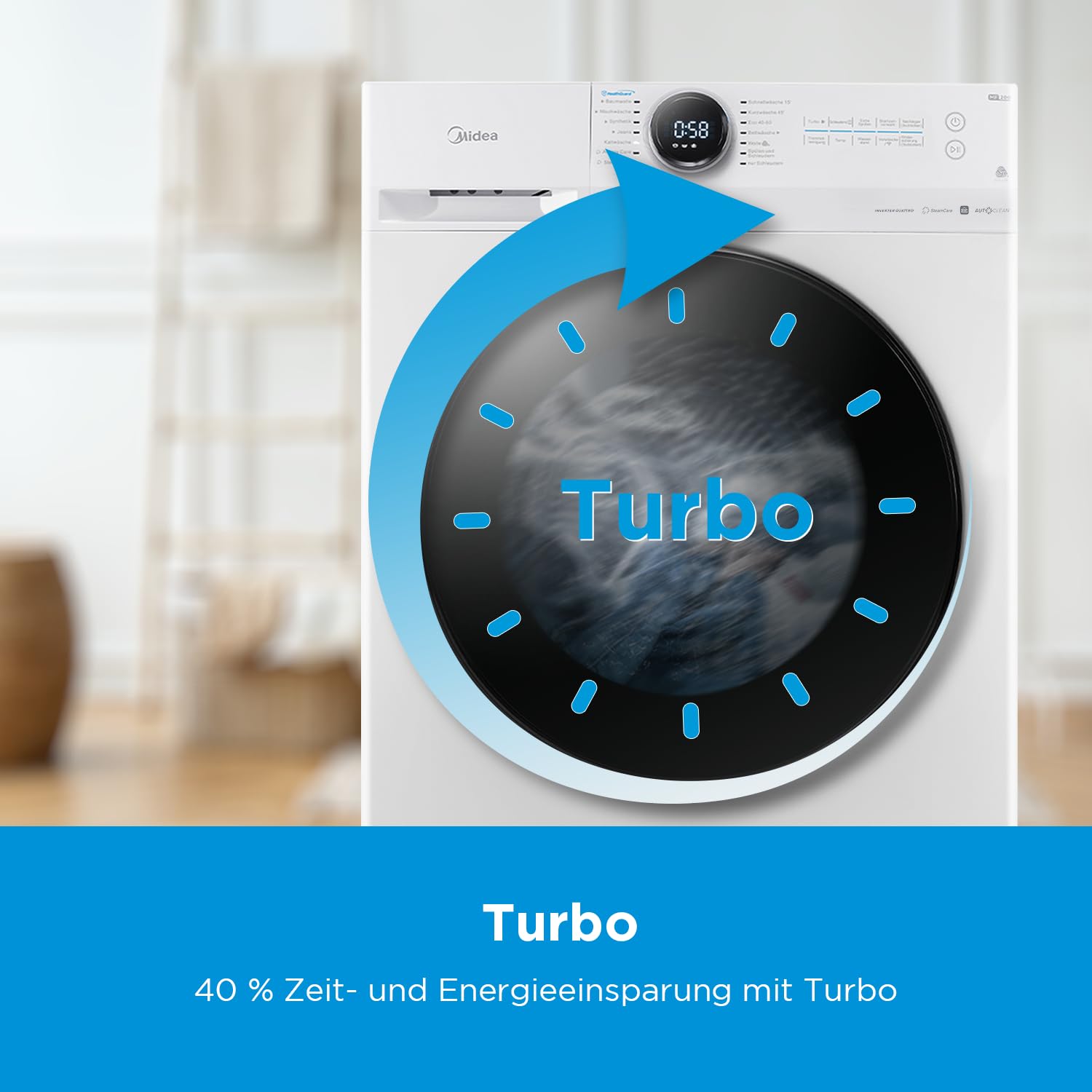 Midea MF200W80WB-14AS Waschmaschine / 8KG / nur 48 cm tief/Energieeffizienzklasse A/Steam Care/Nachlegefunktion / 1400 U/min/Turbo Wash/APP-Steuerung, AquaStop 3