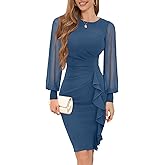 IHOT 2026 Women's Long Sheer Sleeve Ruched Sheath Bodycon Cocktail Party Work Dress