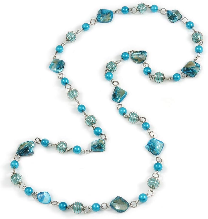 Long Glass and Shell Bead with Silver Tone Metal Wire Element Necklace in Light Blue/Azure - 120cm L