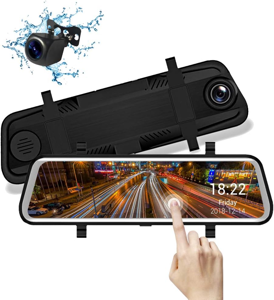 Mirror Dash Cam 1080P Dual Lens 9.66 Inch IPS Touch Screen,170°Wide Angle Front Camera and Waterproof Rear Camera with G-sensor Parking Monitor Motion Detection