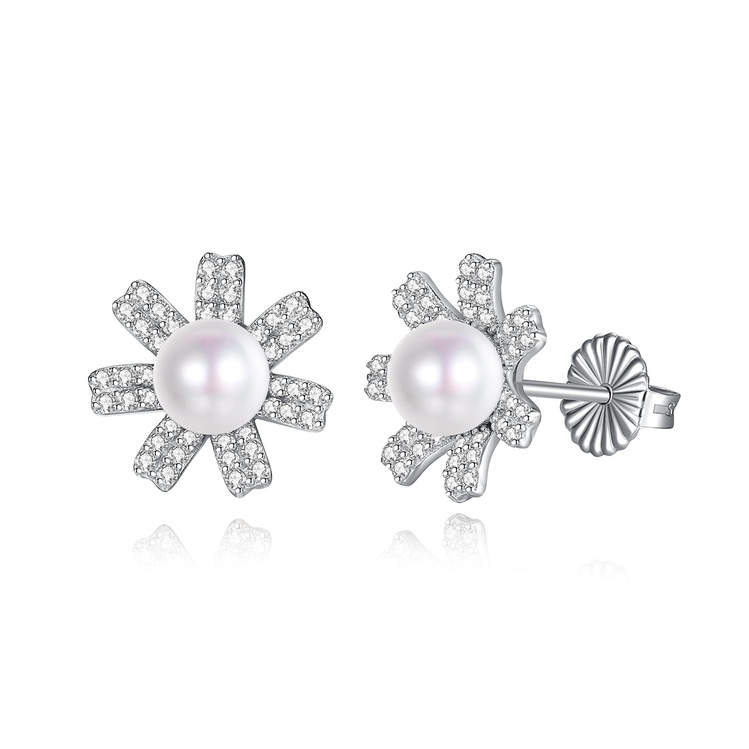 Women's Sterling Silver Pearl Earrings | Cubic Zirconia Flower Pearl Stud Earrings for Women