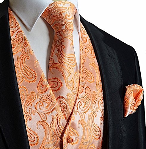Men s 3pc paisley vest set-tangerine orange-xs