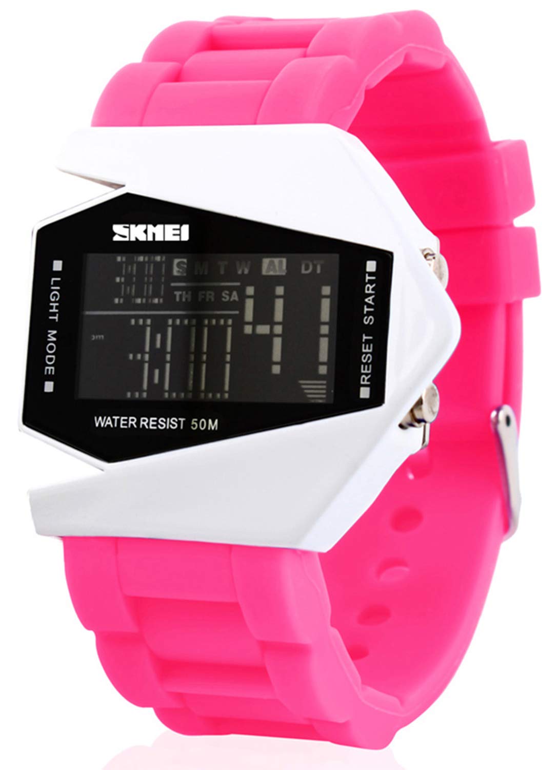 Gosasa Men Sports Military Watches Digital Airplane Shaped LED Colorful Light Watches (Black) (Pink)