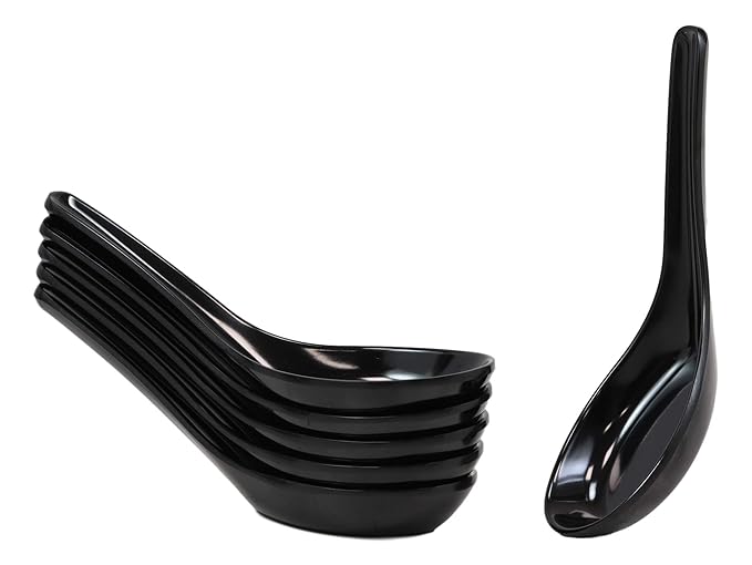 Ebros Contemporary Glossy Black Melamine Soup Spoons Pack Of 6 Set Ramen Noodles Eating Spoon For Kitchen And Dining Asian Japanese Chinese Cuisine