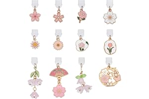 CRAFTYMELODY 12Pcs Pink Flower Dust Plug Charm Plastic Mobile Dustproof Plugs with Alloy Pendants Rose Sunflower Enamel Charm