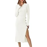 ANRABESS Womens 2025 Fall Long Sleeve Midi Dress Ribbed Knit Bodycon Fitted Button Down Wedding Guest Slit Sweater Dresses
