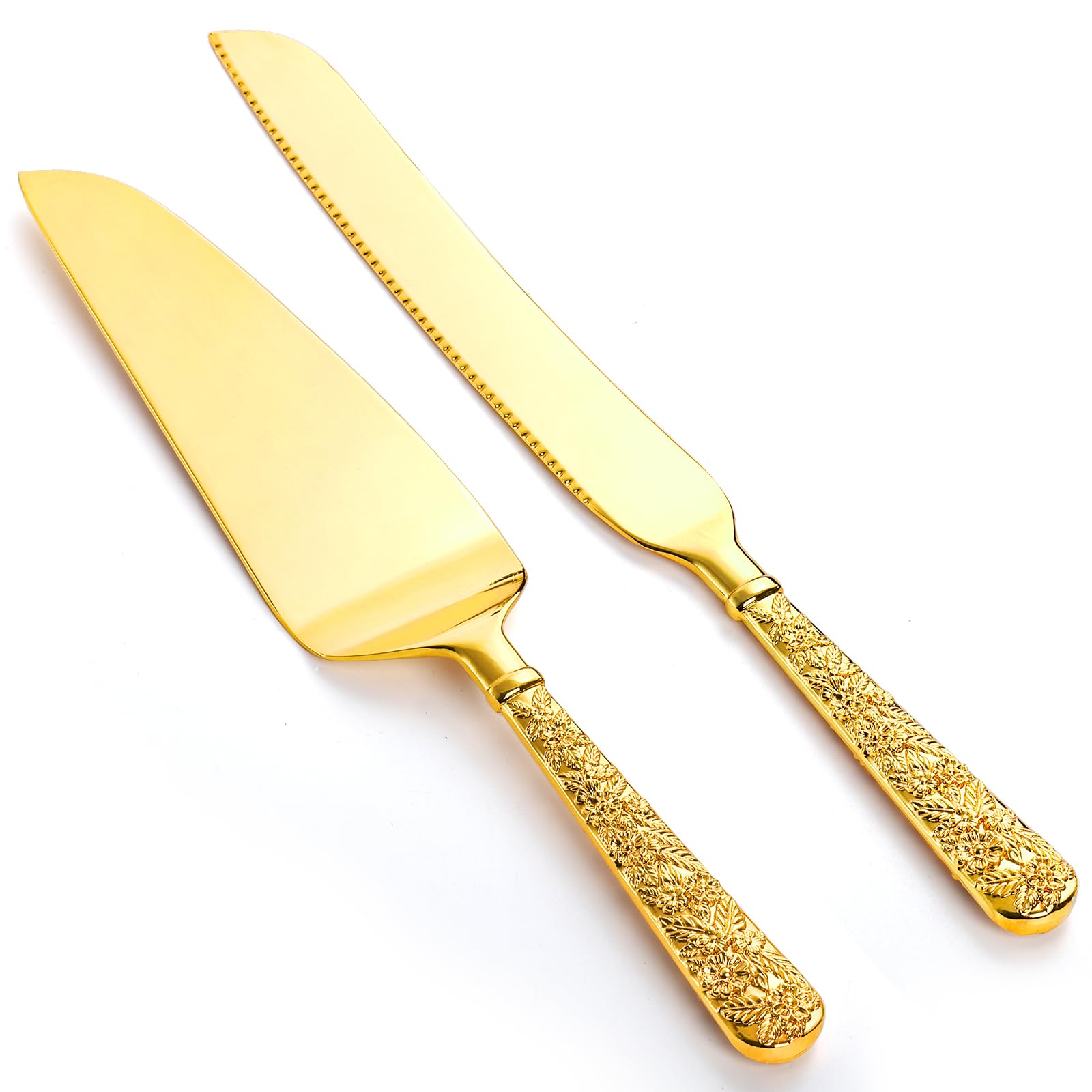 Photo 1 of Dicunoy 2 PCS Gold Cake Knife and Server Set, Wedding Cake Cutting Utensils, Vintage Engraved Cake Cutter and Serving Spatula for Birthday,Anniversary, Vibrant Gold