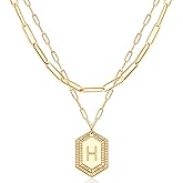 MEVECCO Dainty Gold Initial Necklace for Women 18K Gold Plated Layered Paperclip Link Chain Necklace Personalized Cute Hexagon Letters for Women Everyday Wear Jewelry