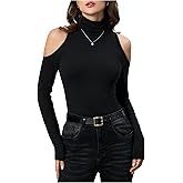 RoseSeek Women's Turtleneck Cut Out Cold Shoulder Tops Tee Long Sleeve Slim Fit Casual Basic T Shirt