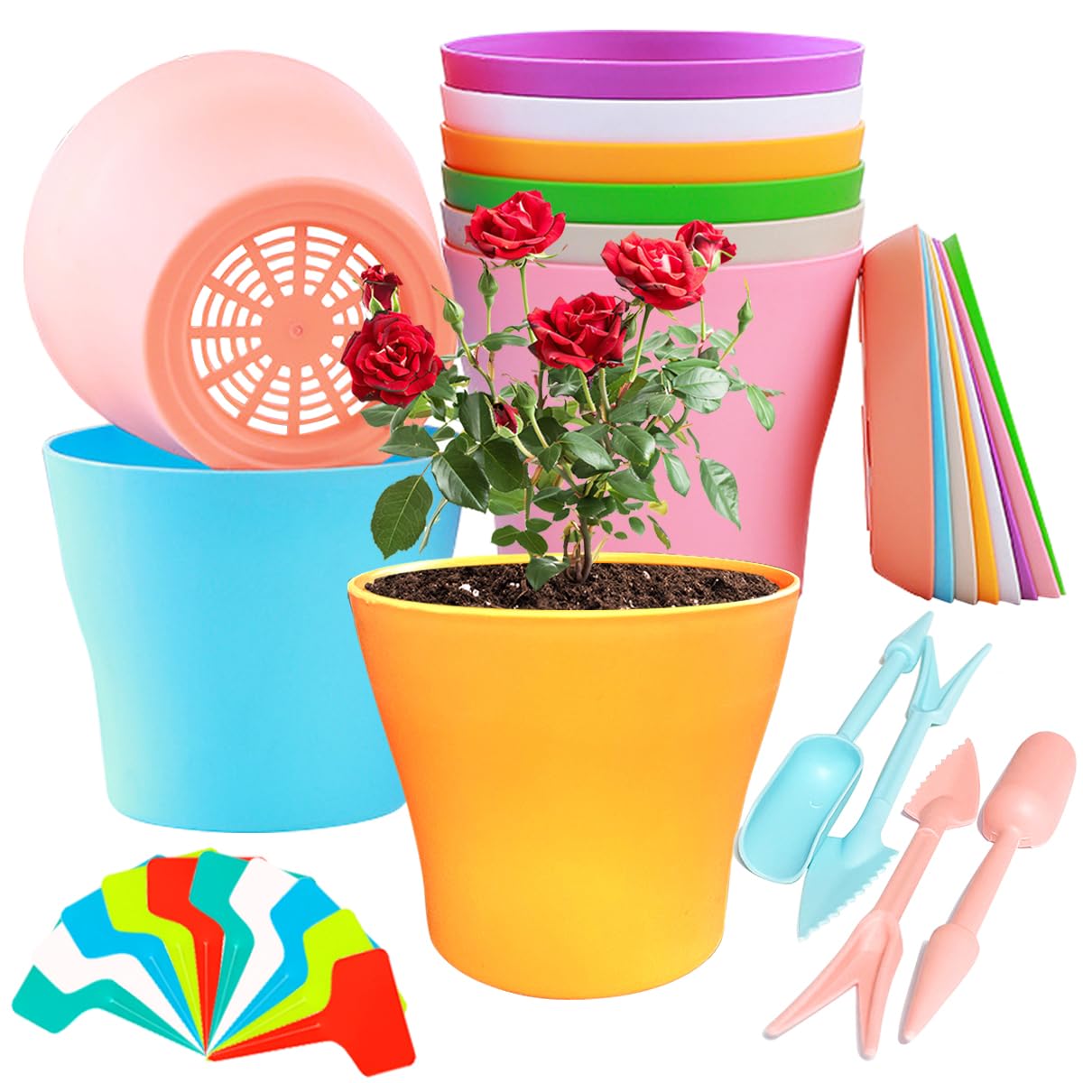 XingyLi 24Pcs 14cm Colorful Plastic Plant Pots Indoor, 8 Round Small Flower Pots with Saucers, Includes 12 Plant Labels and 4 Transplanting Tools for Office House Garden Outdoor