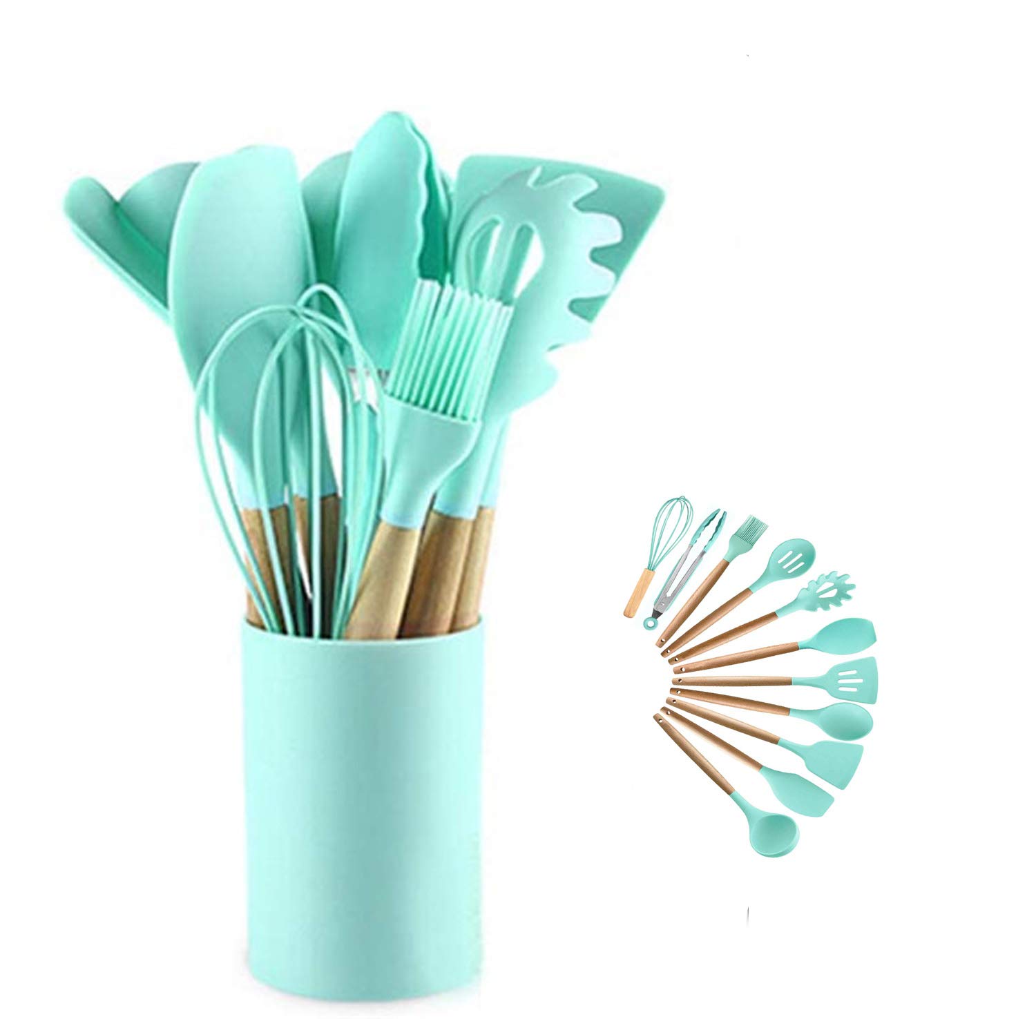 Silicone Cooking Utensils Kitchen Utensil Set - 446°F Heat Resistant,Turner Tongs,Spatula,Spoon,Brush,Whisk. Wooden Handles Gray Kitchen Gadgets Tools Set for Nonstick Cookware(Agate Green-12pcs)