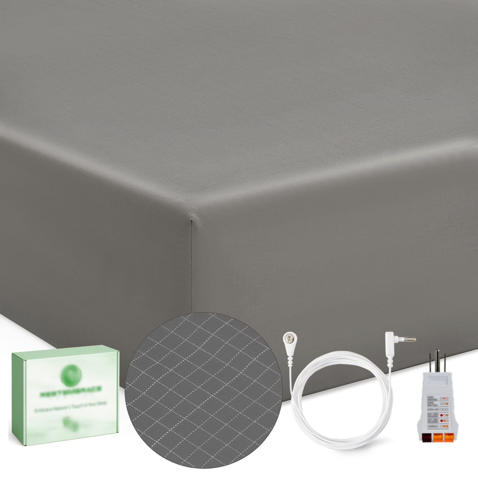 Photo 1 of Grounding Sheets Queen 25% Silver Fiber 75% Organic Cotton with Outlet Tester and Test Pen, Grounded Fitted Sheet Kit Earth Connected Bedding (Gray, Queen)