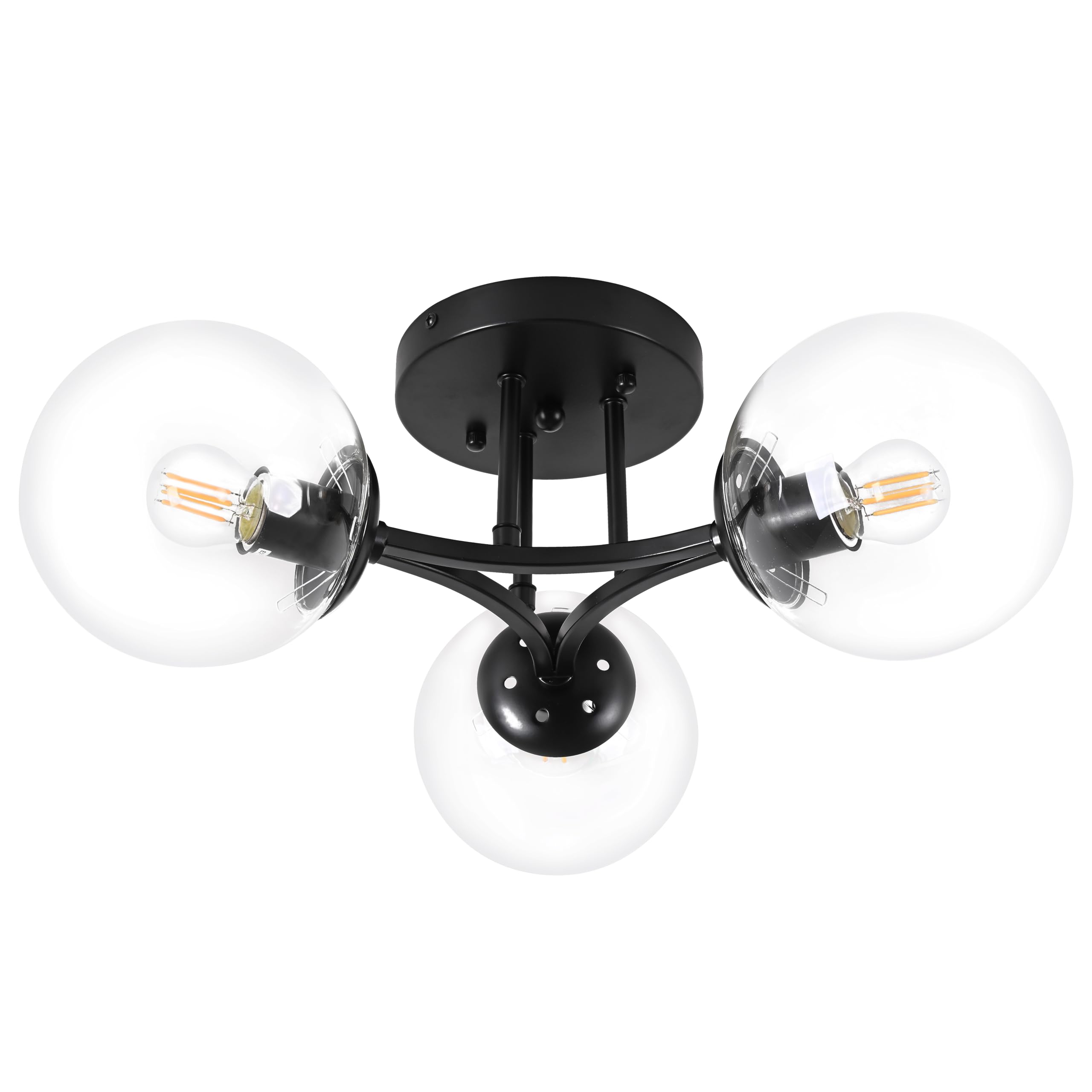 Photo 1 of Bagood Mid Century Modern Ceiling Light Clear Globe Semi Flush Mount Ceiling Light Black Sputnik Light Fixture Chandeliers Clear Glass Matte Black Chandeliers Living Room Dining Room Bedroom 3 Lights