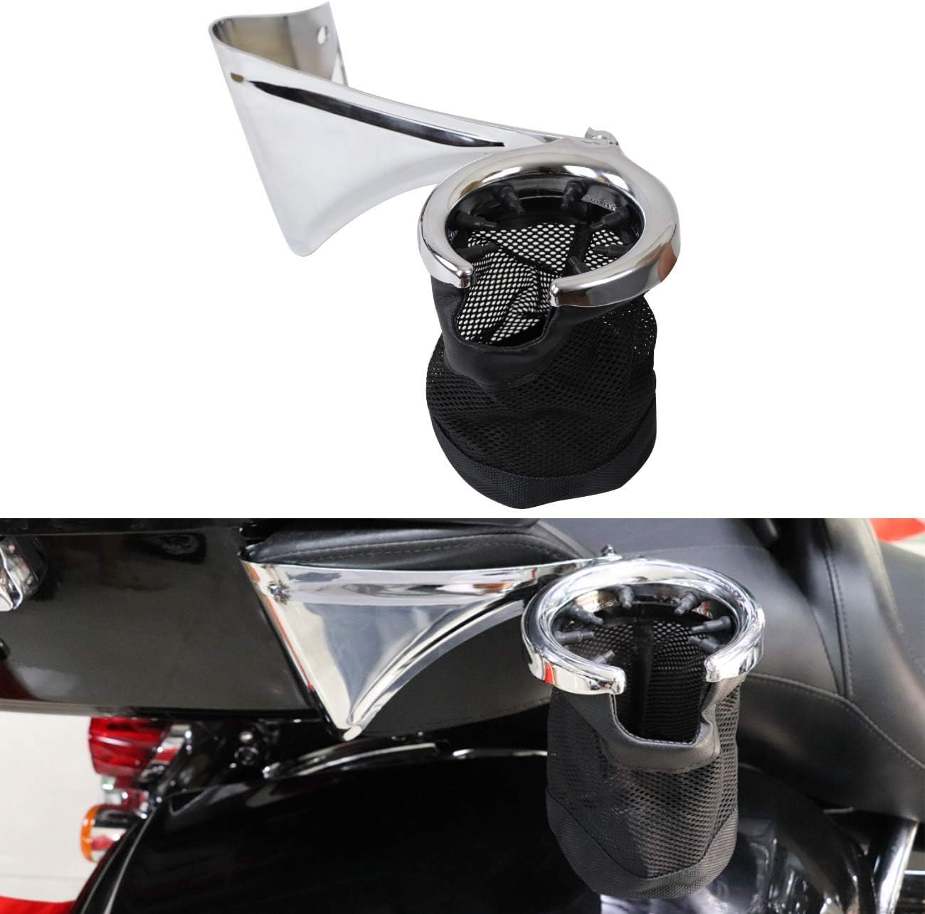 AUFER Motorcycle Passenger Drink/Cup Holder with Mesh Basket for 2014-2019 Touring & Trike Motorcycles, Right Side, Chrome