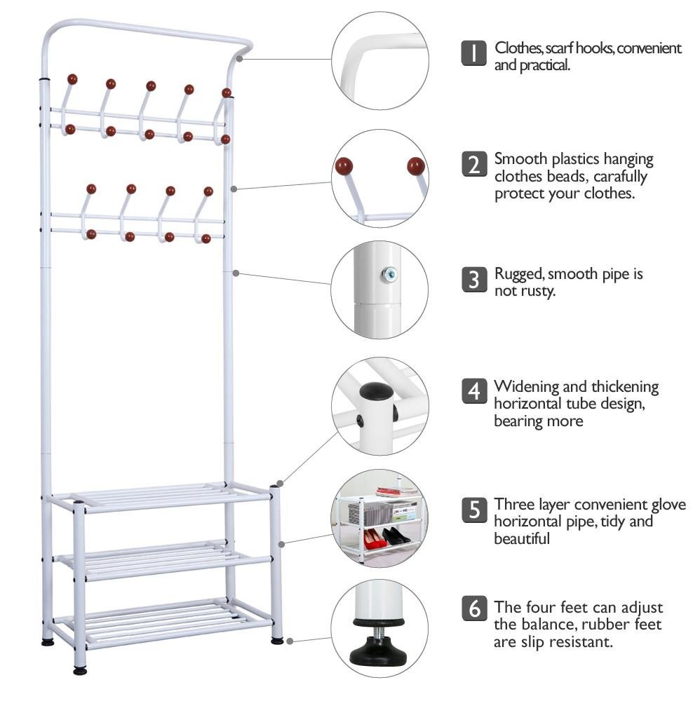 Yaheetech Metal 18 Hooks Coat Garment Rack with 3 Tier Shoes Rack Shelves Hall Tree Storage Organizer for Entryway, White