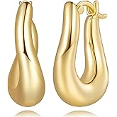 SREEOWER Gold Hoop Earrings 14K Gold Earrings for Women Hypoallergenic Twisted Oval Hoops Earring Irregular Twist Inspired U-shape Everyday Hoop Earring for Women Chunky