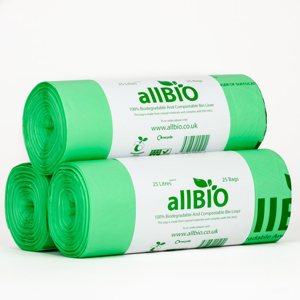 allBIO 25L Extra Thick Compostable Food Waste Kitchen & Kerbside Bin Bags - Pack of 75
