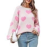 Women's Cute Heart Sweater Love Print Valentine Romantic Knitted Top Casual Crewneck Long Sleeve Sweaters Pullover