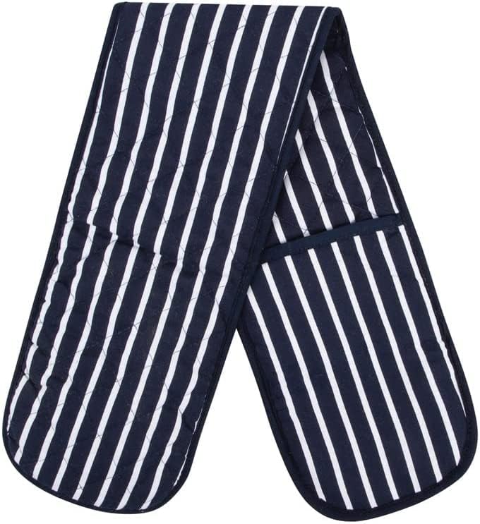 100% Cotton Heat Resistant Stripe Double Oven Glove Mitt for Home Kitchen Restaurant Hot Oven Pots Kitchen Tray Pans-Navy