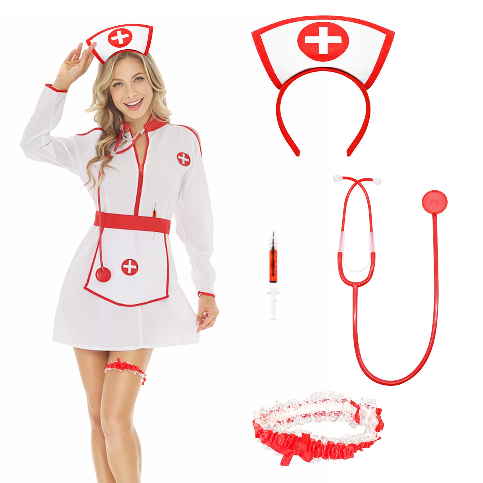 Photo 1 of ***NO COSTUME, ACCCESSORIES ONLY*** Halloween Nurse Cosplay Costume Accessories Set Including Nurse Hat Headband, Stethoscope and Lace Garters for Women Themed Dress Up Party Favors