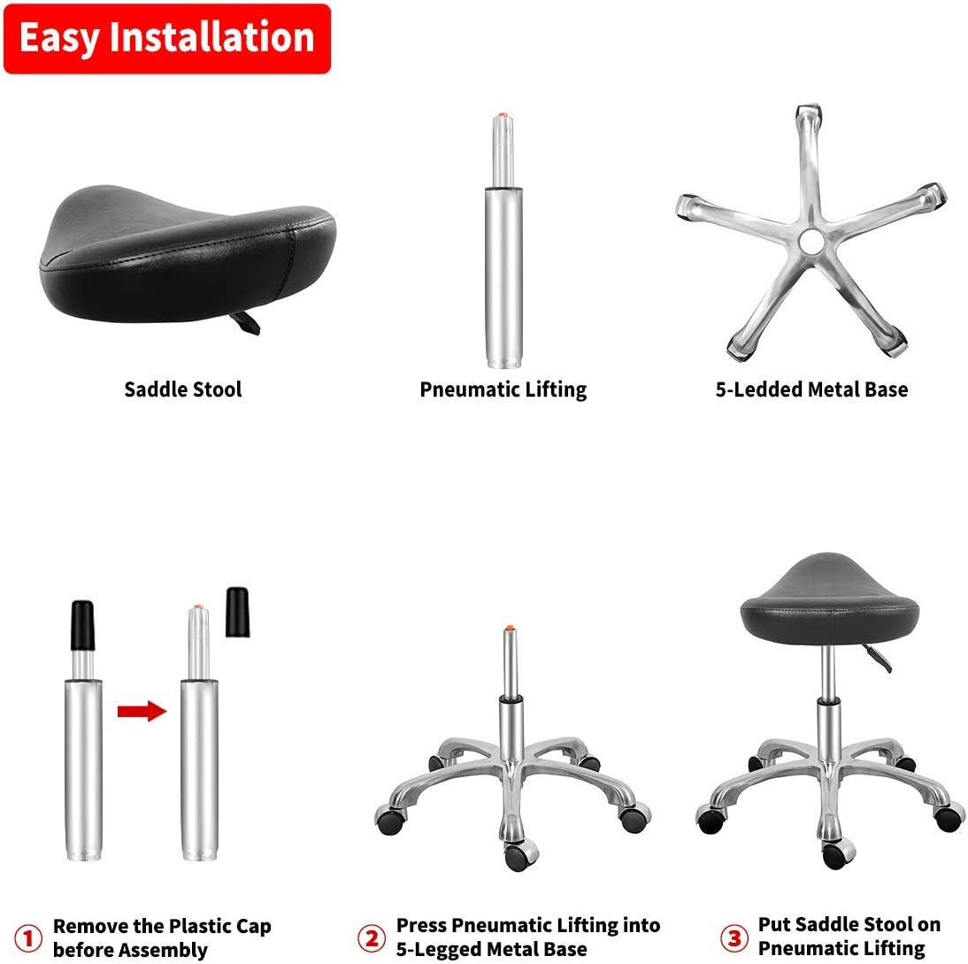 Leather Swivel Saddle Chair Stool,Ergonomic Adjustable Rolling Hydraulic Stool with Wheels for Massage Salon,Home,Office,Clinic,Studio,Lab (Black): Kitchen & Dining