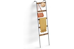Blanket Ladder, 5 Tier Towel Rack with 10 Removable Hooks, Wall-Leaning Scarf Storage Ladder, Home Decor Blanket Rack for Liv