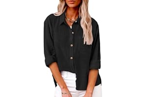 SHOPESSA Linen Shirts for Women Summer Plain Linen Button Down Shirts Long Sleeve Linen Top with Pockets Collared Blouse