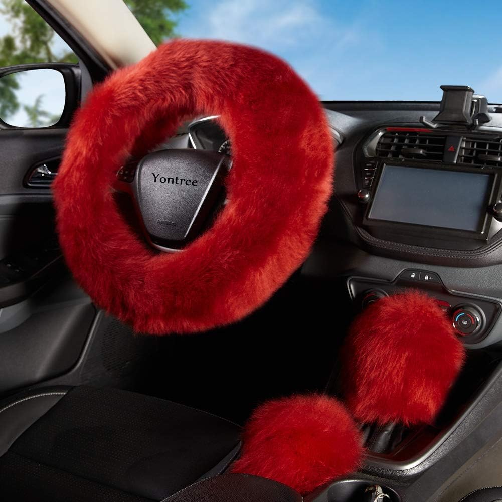 Yontree Fashion Fluffy Steering Wheel Covers for Women/Girls/Ladies Australia Pure Wool 15 Inch1 Set 3 Pcs (Pink): Automotive