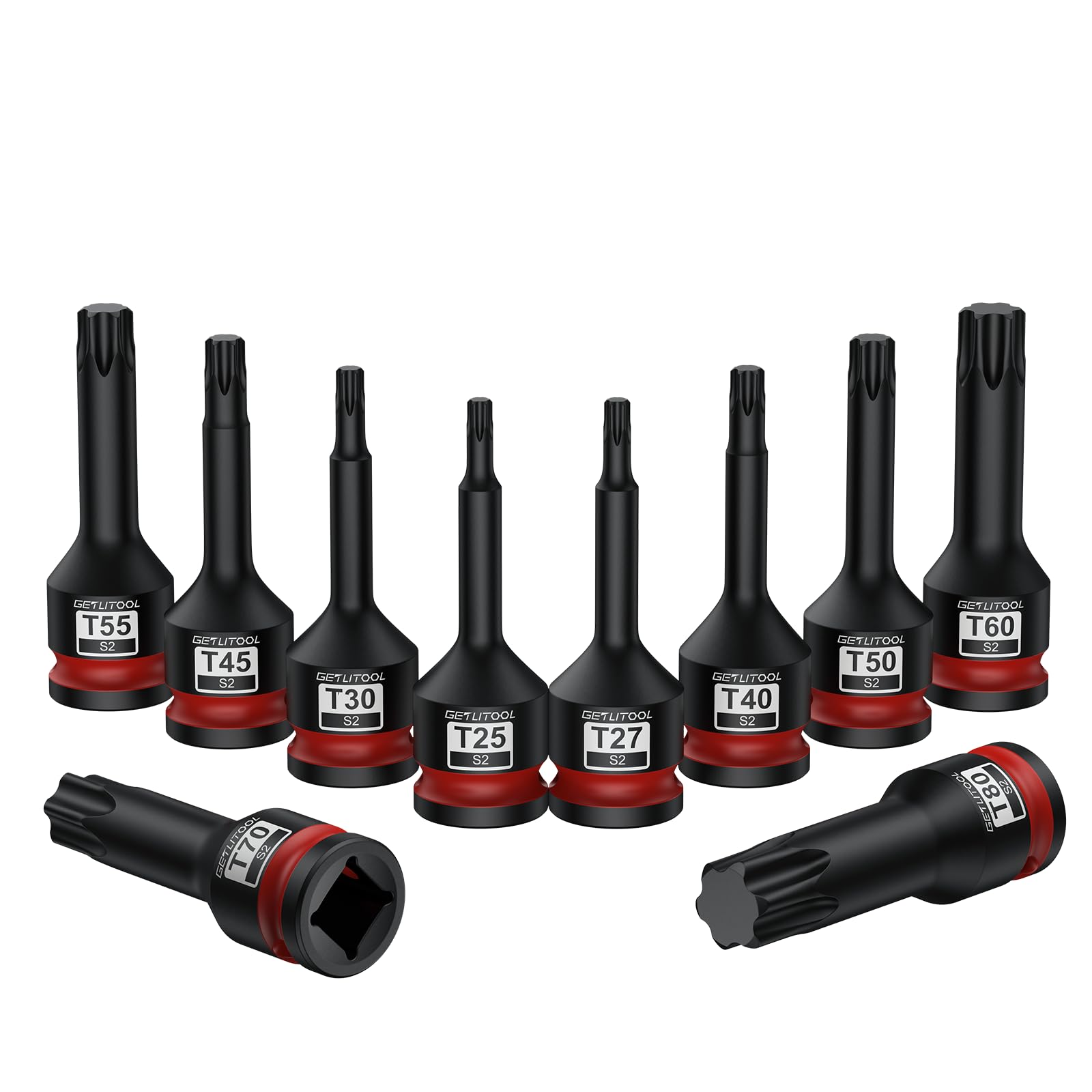 GETLITOOL 1/2" Kraft Torx Bit Schlagschrauber Nüsse Satz, 10tlg S2-Stahl Bit Einsatz Satz T25 - T80, Länge 78 mm Steckschlüsselsatz für Torx Schrauben 8