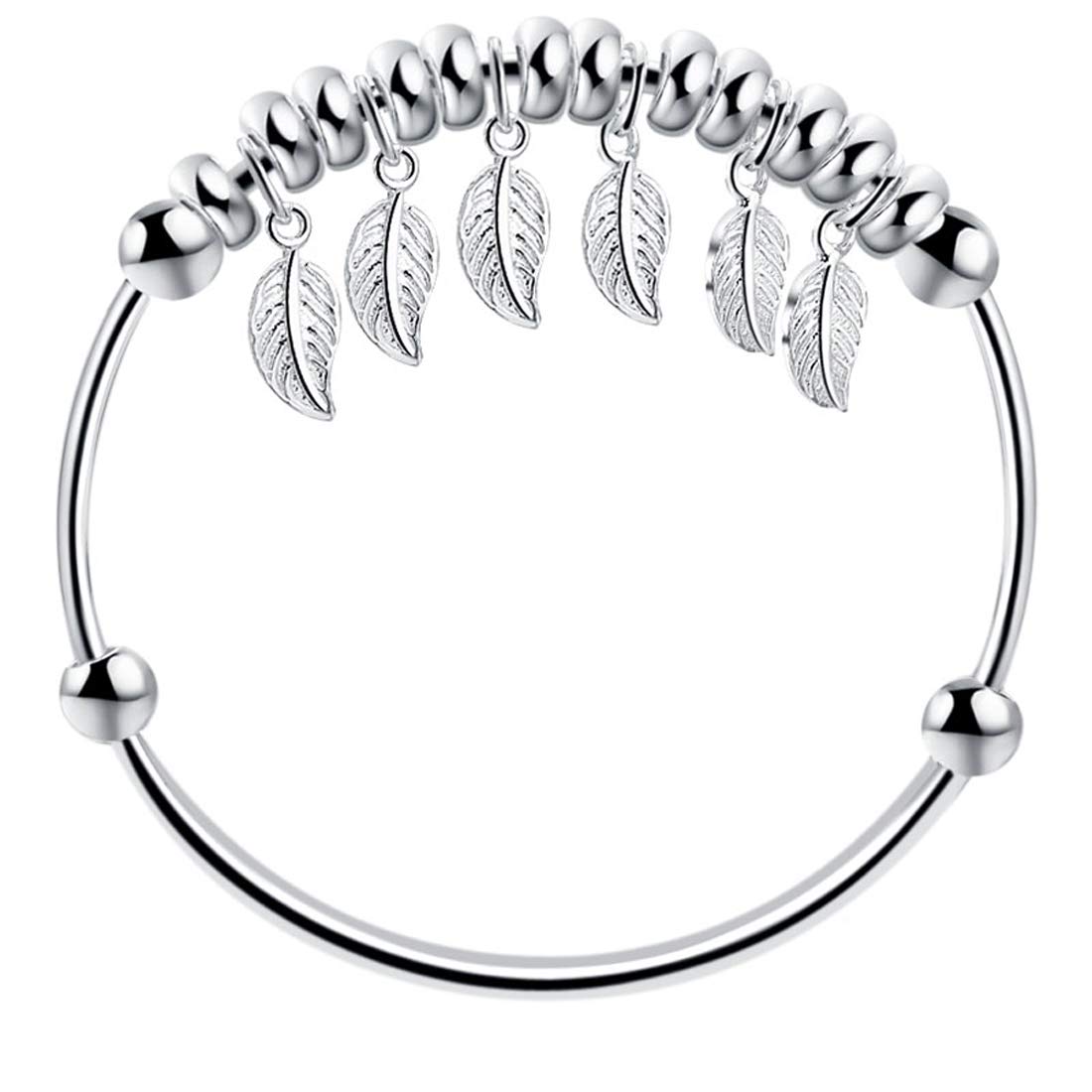 Caimeytie Women's Bangle Bracelet Silver Adjustable with Leaf and Beads Pendants