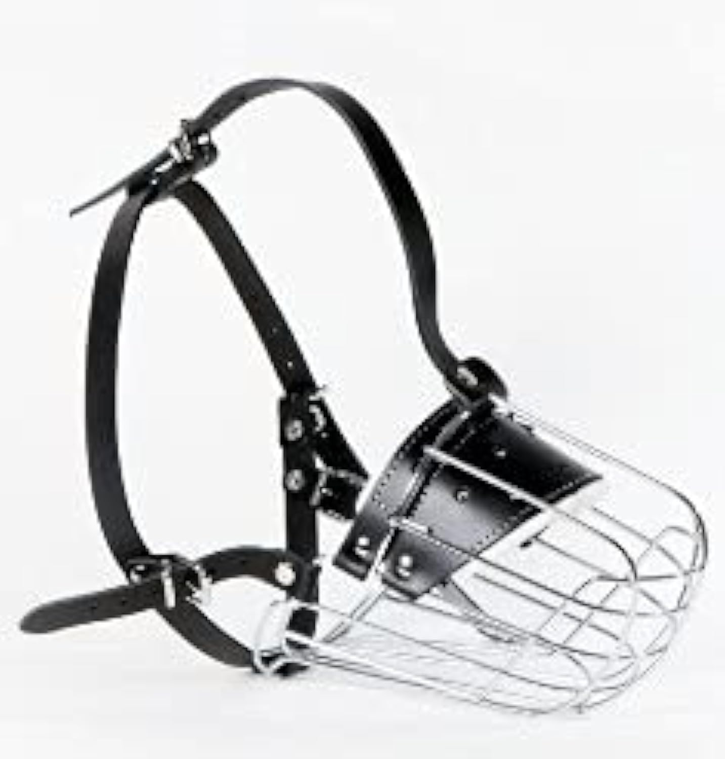 L&J Pets Uk Strong Metal Wire Basket Muzzle for Amstaff & Pitbull and other dogs (Silver Basket/Black Leather, 5), (MK 4,5,R1)