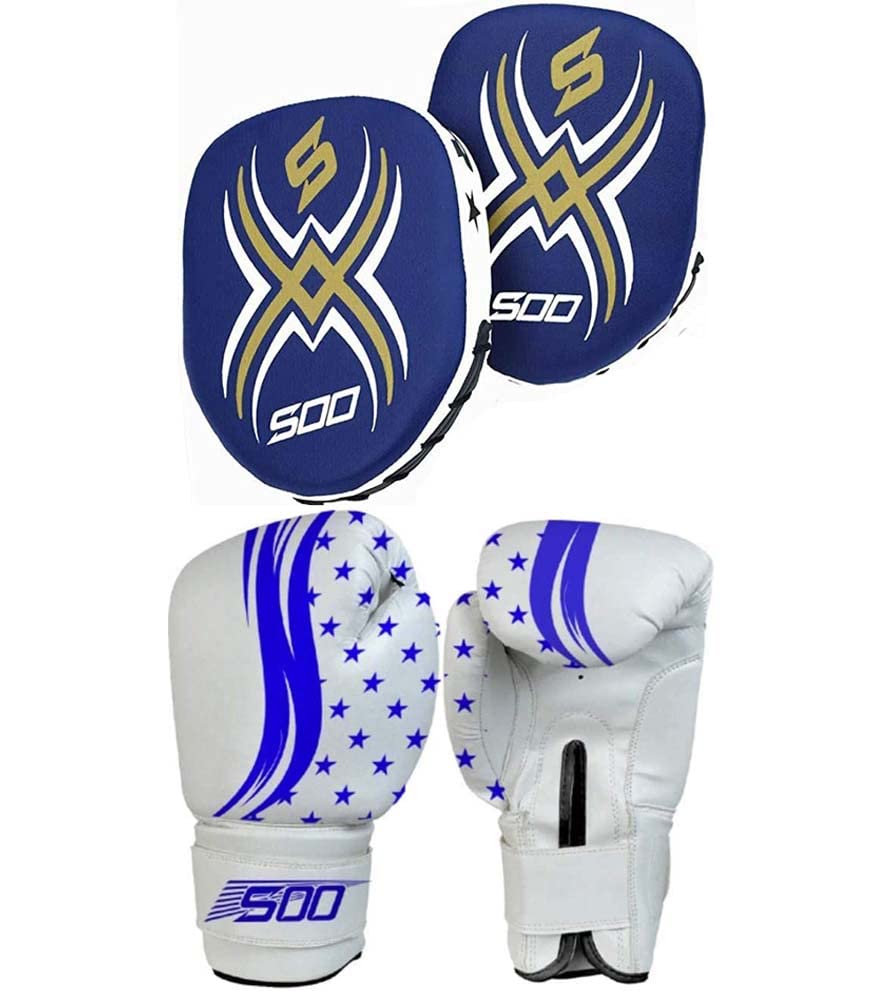 Kids Boxing sparing, Training Gloves & Punching pads Rex leather Kids/Junior Bag Gloves Fitness Boxing Set Hook & Jab Pads Focus Punch Target Strike Mitts (Blue/White)