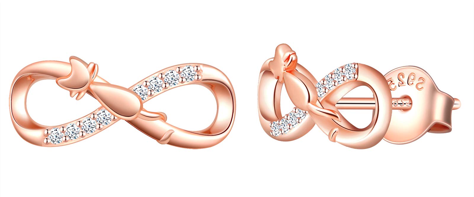 MicLee Woman's girl's Earrings, 925 Sterling silver earrings, Mini Cat and infinity symbol earrings studs, Inlaid zircon, rose gold