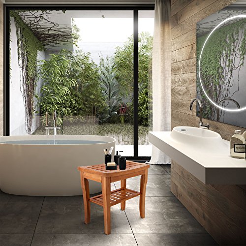 [ US STOCK ] Bamboo Bathroom Shower Bench Stool Bath Seat with Storage Shelf 2-Tier Luxury Spa Seat For Indoor Or Outdoorstools for bathroom (Brown) - Thumbnail 5